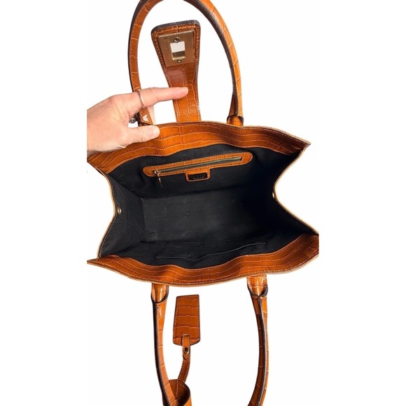 Claudia Firenze Calf Hair Leather Tote Bag Croc Embossed Trim Turn Lock Brown - Picture 7 of 13